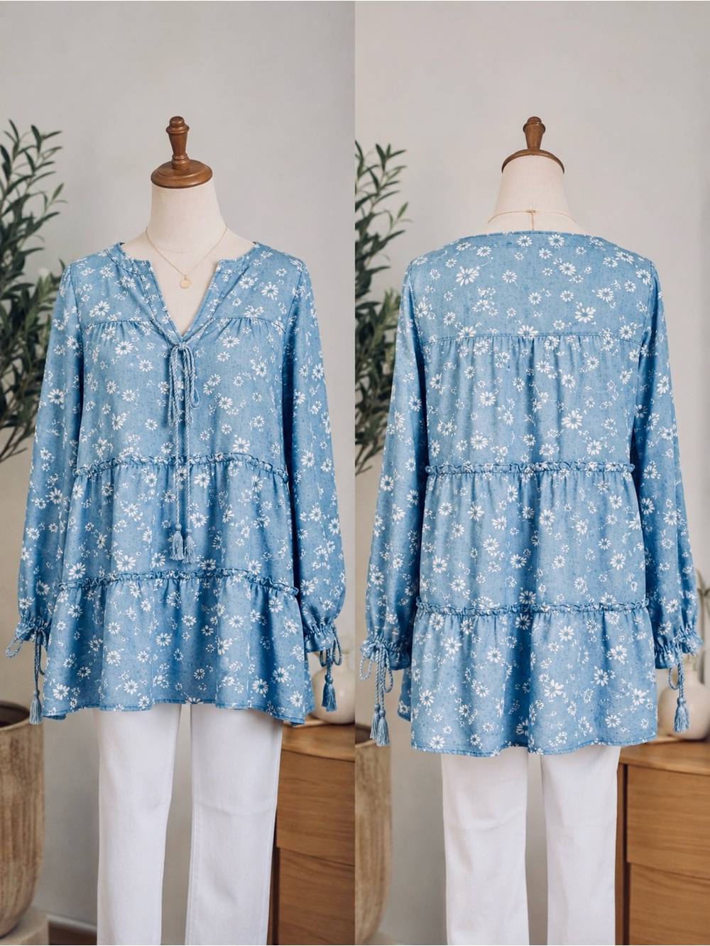 Suzanne Betro Light Blue Floral Tie-Front Tiered Dress